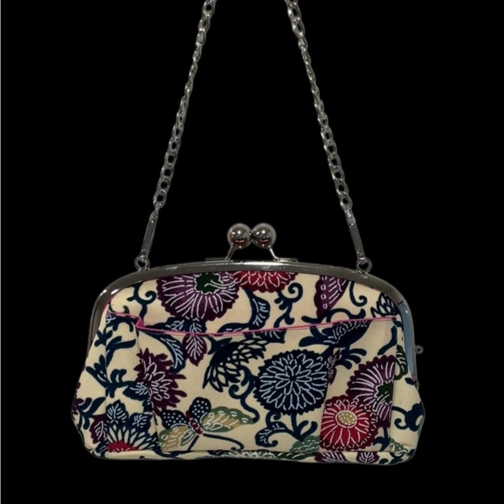 NEW Arabesque Floral Print Fabric Double Kiss Lock Handbag Bright Pink Lining - Picture 2 of 10